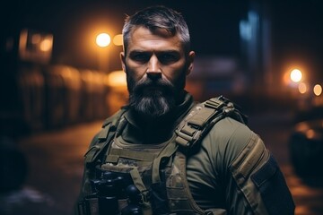 View of a Man with a beard in a military uniform on a night city. - obrazy, fototapety, plakaty