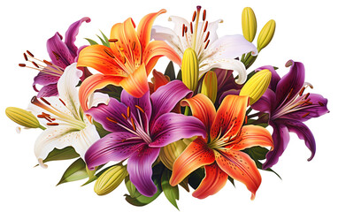 Lily Bouquet with Vibrant Colors On Transparent Background.