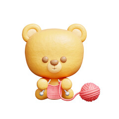 3D cute bear knitting, Cartoon animal character, 3D rendering.