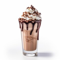 Delicious creamy chocolate cocktail in a glass on a white background, soft ice cream, dairy product. dessert.