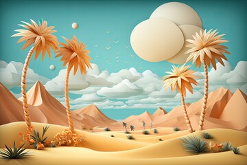 Desert Dreamscape with Palm Trees and Clouds