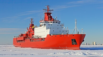 Red icebreaker. The Northern Sea Route. Copy space.