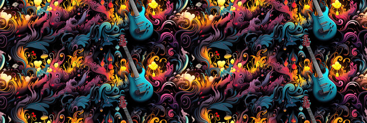 musical rock seamless pattern with bright guitars on multicolored black background