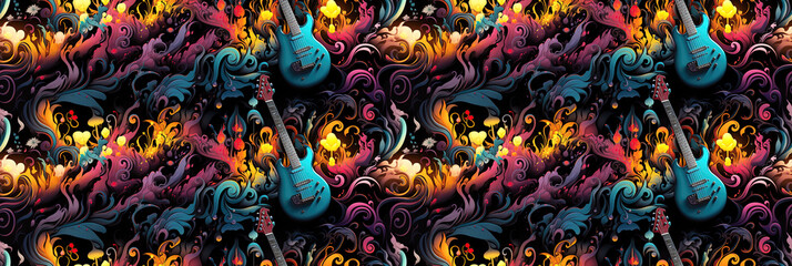 musical rock seamless pattern with bright guitars on multicolored black background