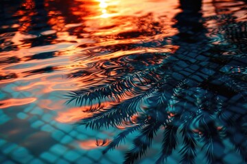 Sunset with silhuettes palm and reflection in swimming pool