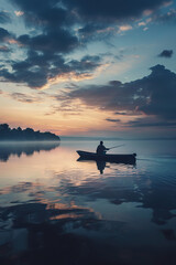 Fototapeta premium Fisherman in a boat at dawn, serene and content.