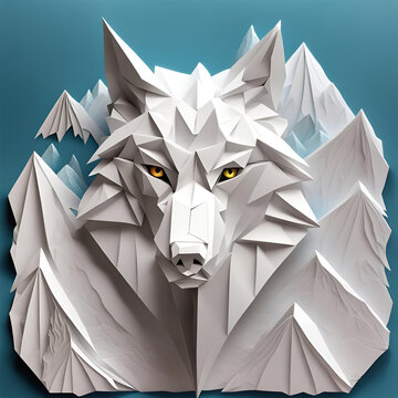 Wolf Fuchs Kopf in geometrischen Formen, wie 3D Papier in weiß wie Origami Falttechnik mit Hintergrund Gebirge Täler Wildnis Jäger Symbol Wappentier Logo Vorlage wildlebende Tiere