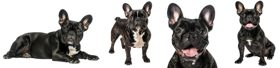 Black French bulldog collection (lying, standing, portrait, sitting), isolated on a white...