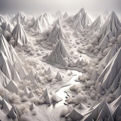 Landschaft mit Bergen und Tälern, wie in den Alpen aus Papier, wie Origami Falttechnik in weiß, 3D Objekte zu Urlaub verreisen Umwelt Naturschutz und Natur Nationalpark Weihnachten und Reisen - obrazy, fototapety, plakaty