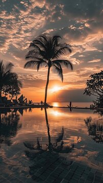 Sunset with silhuettes palm and reflection in swimming pool. Vertical background