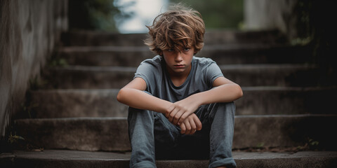 Contemplative Youngster Boy Resting on Concrete Stairs