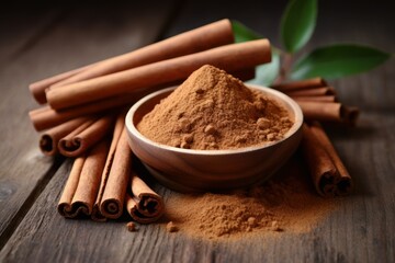 Cinnamon powder and sticks on wooden table