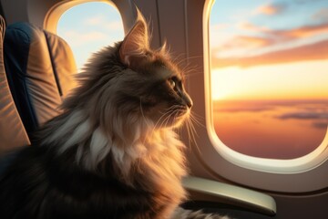 cat on airplane near window at sunset