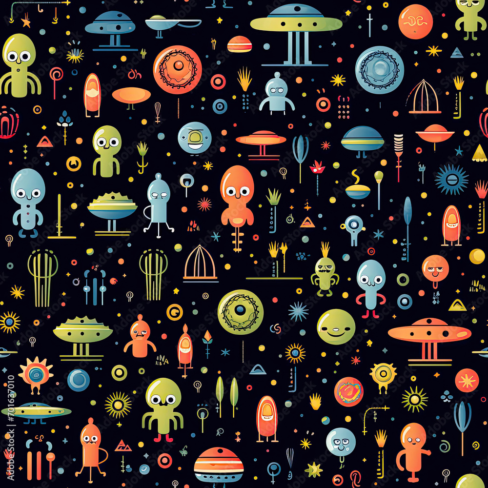 Poster seamless pattern texture with funny cartoon characters multicolored aliens in space on black backgro