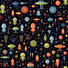 seamless pattern texture with funny cartoon characters multicolored aliens in space on black background