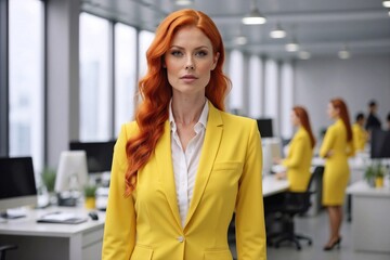 Executive Director with Vibrant Red Hair Strategizing in a Sleek White Office Interior, Yellow suit, Lidership and Professionalism 