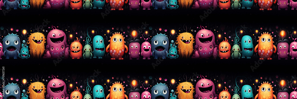 Wall mural seamless pattern texture with funny cartoon characters colorful aliens in space on a black backgroun