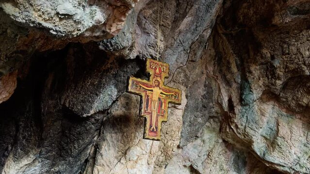 Old church inside a Cavern with artistich Crucifix 