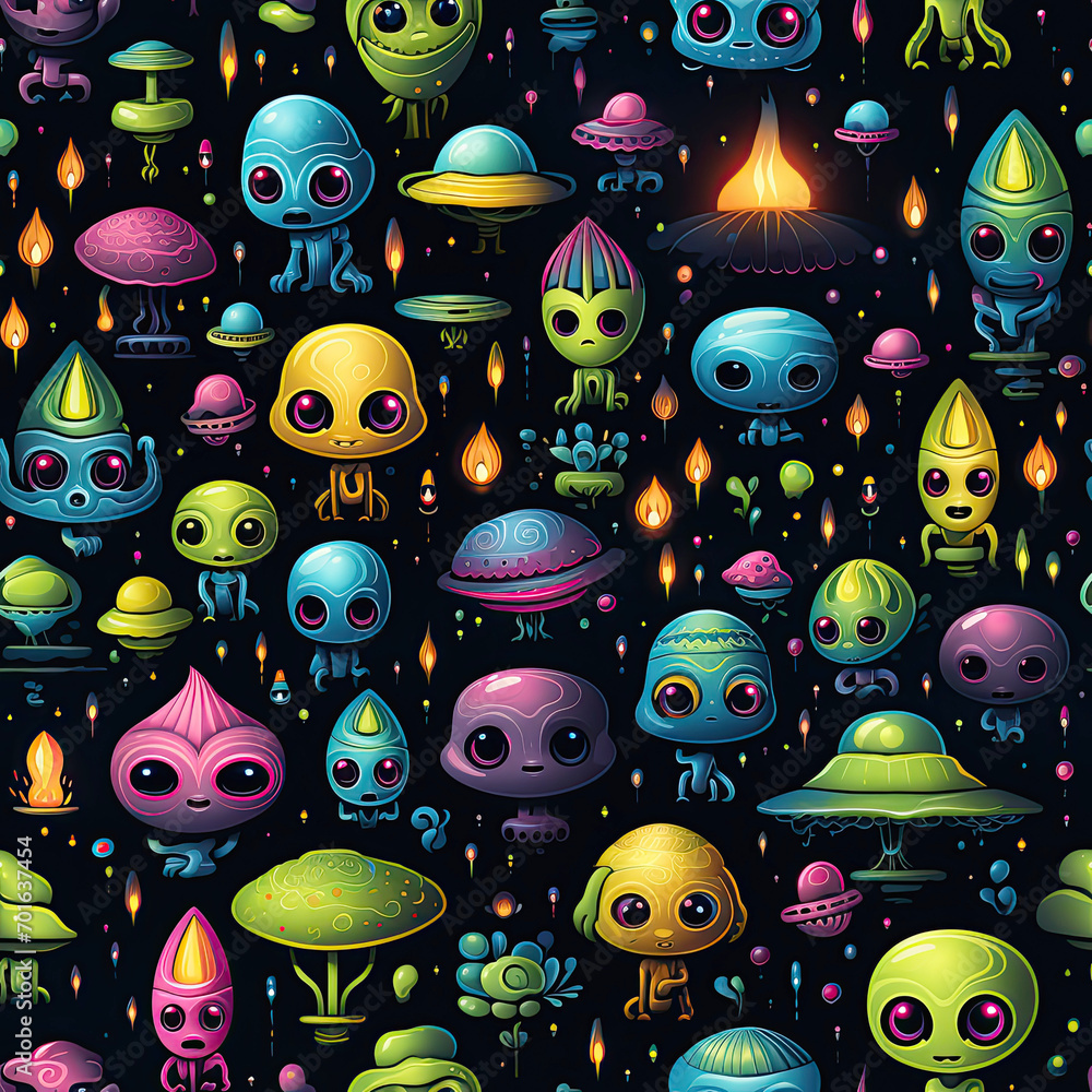 Poster seamless pattern texture with funny cartoon characters multicolored neon aliens in space on black ra