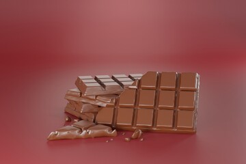 3D illustration of a stack of chocolate bars isolated on dark red background