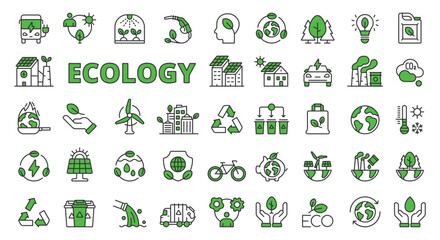 Ecology icons in line design green. Environment, green, sustainability, ecosystem, eco friendly, earth, green energy, environment isolated on white background vector. Ecology editable stroke icon. - obrazy, fototapety, plakaty