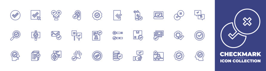 Checkmark line icon collection. Editable stroke. Vector illustration. Containing approve, customer satisfaction, check, sticker, file, survey, bar, verification, tick, verified user, search, mind.