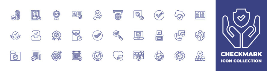 Checkmark line icon collection. Editable stroke. Vector illustration. Containing success, compliant, correct, protection, done, staff, identification, cloud computing, check, call, calendar, verified.