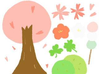 子どもがクレヨンで描いたような手書き風の可愛い春のイラストセット