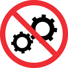 No gear icon or cogwheel prohibition sign. Forbidden signs and symbols.