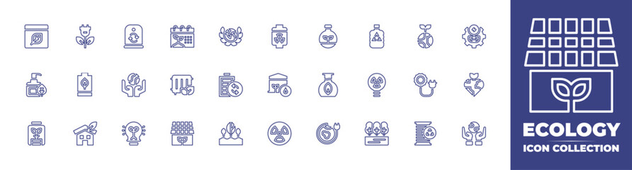 Ecology line icon collection. Editable stroke. Vector illustration. Containing box, eco, eco battery, green energy, eco house, glass container, earth, light bulb, organic, test tube, charge, metal.