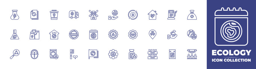 Ecology line icon collection. Editable stroke. Vector illustration. Containing water cycle, badge, biomedical waste, green house, garbage bag, biofuels, location, nuclear, crops, sprout, lightbulb.