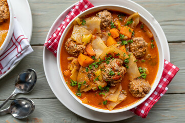 Low Carb vegetable soup with cabbage and meatballs