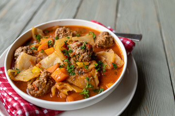 Low Carb vegetable soup with cabbage and meatballs