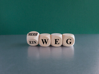 Turned a wooden cube and changes the German word Einweg (single use in English) to Mehrweg (reuse in English). Beautiful green background, grey table.