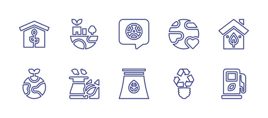 Ecology line icon set. Editable stroke. Vector illustration. Containing eco house, ecology, save the planet, sustainable, bio energy, station, industry, nuclear, factory.