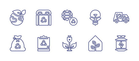 Ecology line icon set. Editable stroke. Vector illustration. Containing earth, trash, bioenergy, recycling truck, greenhouse, hydrogen, plastic bin, recycling, research, green energy.