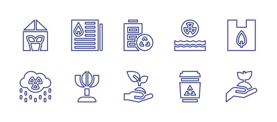 Ecology line icon set. Editable stroke. Vector illustration. Containing recycling, sprout, plant, recyclable, news, water pollution, greenhouse, plastic, acid rain, seed.