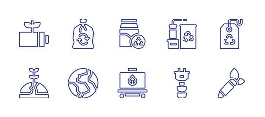 Ecology line icon set. Editable stroke. Vector illustration. Containing eco battery, ecology, factory, recycling, green energy, pencil, recycle, earth, milk box, storage tank.