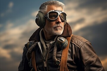 Portrait of a senior pilot with aviator helmet and goggles.