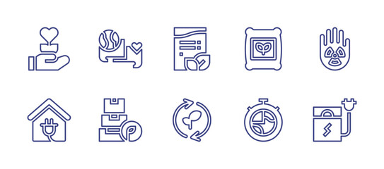 Ecology line icon set. Editable stroke. Vector illustration. Containing invoice, leaves, dialog, fertilizer, tupperware, timer, growth, nuclear, house, battery.