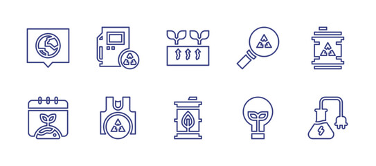 Ecology line icon set. Editable stroke. Vector illustration. Containing geothermal energy, barrel, recycling, fuel, light bulb, chemical, speech bubble, gas station, environment, recycle.