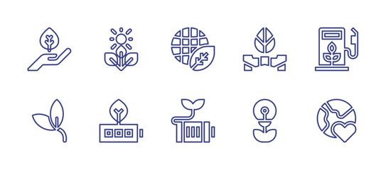 Ecology line icon set. Editable stroke. Vector illustration. Containing environmental protection, biofuel, leaves, love, globe, battery, photosynthesis, scooter, light.