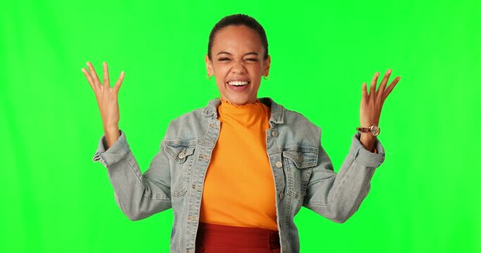 Excited, woman and portrait of surprise on green screen in studio, background and happiness for announcement or news. Wow, face and happy African gen z, girl or college student in celebration