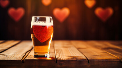 Valentine s Day beer with heart on wooden background - obrazy, fototapety, plakaty