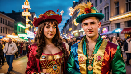 Carneval . Faschingsumzug in Deutschland . Viele Menschen in Kostümen . Ballprinzessin und Prinz . KI Generated
