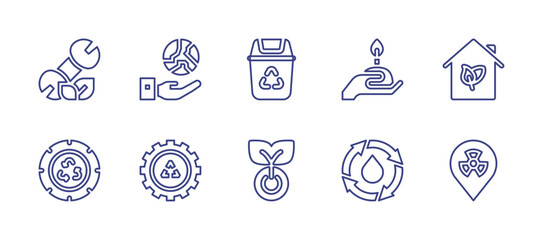 Ecology line icon set. Editable stroke. Vector illustration. Containing recycle bin, electricity, sprout, green house, recycle, location, planet earth, cogwheel, maintenance, tire.