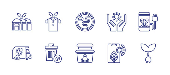 Ecology line icon set. Editable stroke. Vector illustration. Containing earth hour, food container, solar energy, smartphone, plug, vegan agriculture, clothes, garbage truck, refresh data.