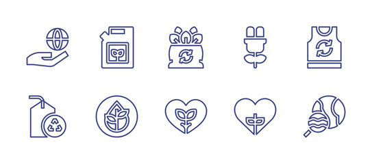 Ecology line icon set. Editable stroke. Vector illustration. Containing jerrycan, recyclable, world, organic, clothes, heart, search, bio energy, grow, hypoallergenic.