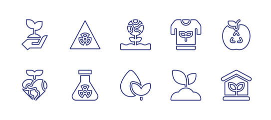 Ecology line icon set. Editable stroke. Vector illustration. Containing plant tree, heart, planet earth, water, tshirt, food waste, sprout, greenhouse, radioactive, chemical.