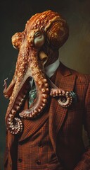 An octopus dressed in an elegant suit. Fashion portrait of an anthropomorphic animal posing with a charismatic fashion human attitude
